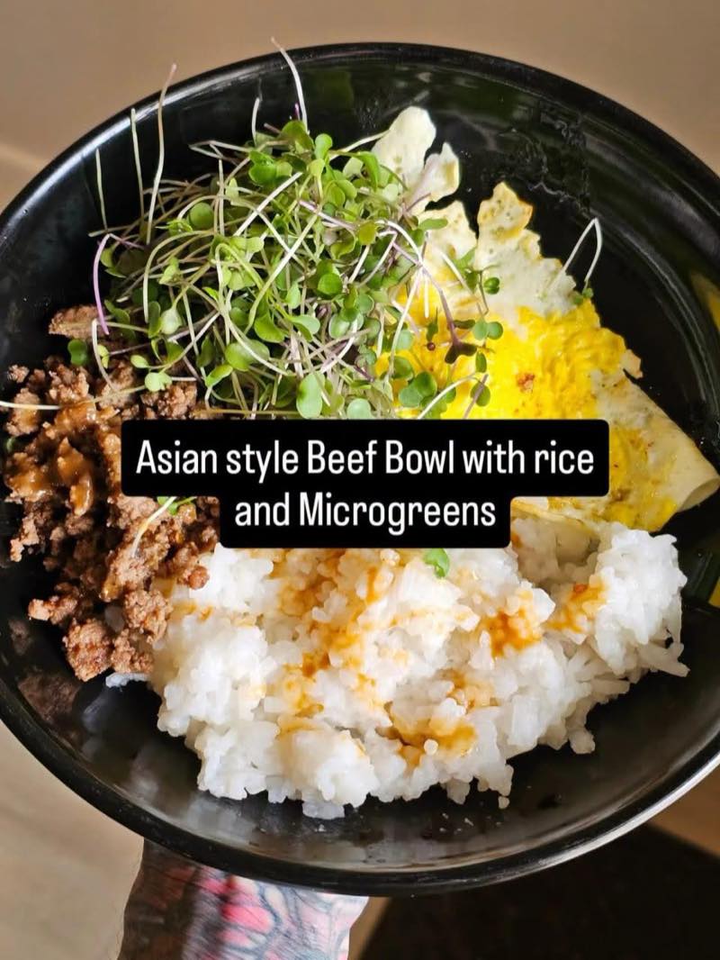 Asian style beef and rice bowl topped with a nest of microgreens