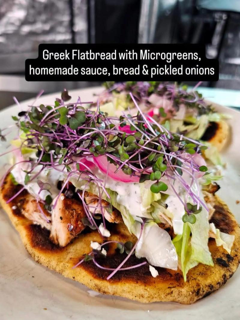 Greek flatbread with chicken, pickled onions and purple radish microgreens