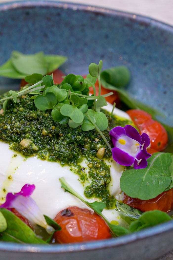 Vibrant salad featuring edible flowers, pesto, and greens in a blue bowl.